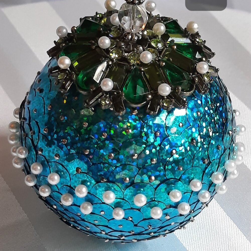 Handmade Christmas ornament vintage brooch and lots of turquoise bling. #635
